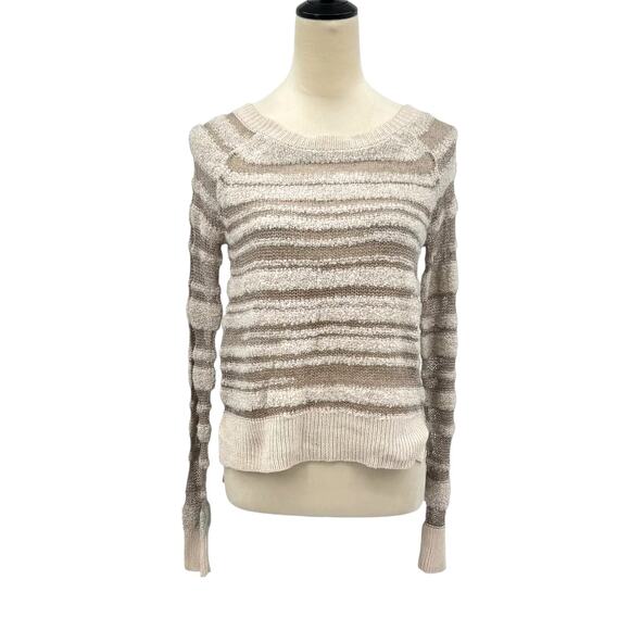 BCBGeneration NWT Risa Wool Blend Neutral Tan Open Knit Boucle Stripe Sweater - Picture 2 of 13